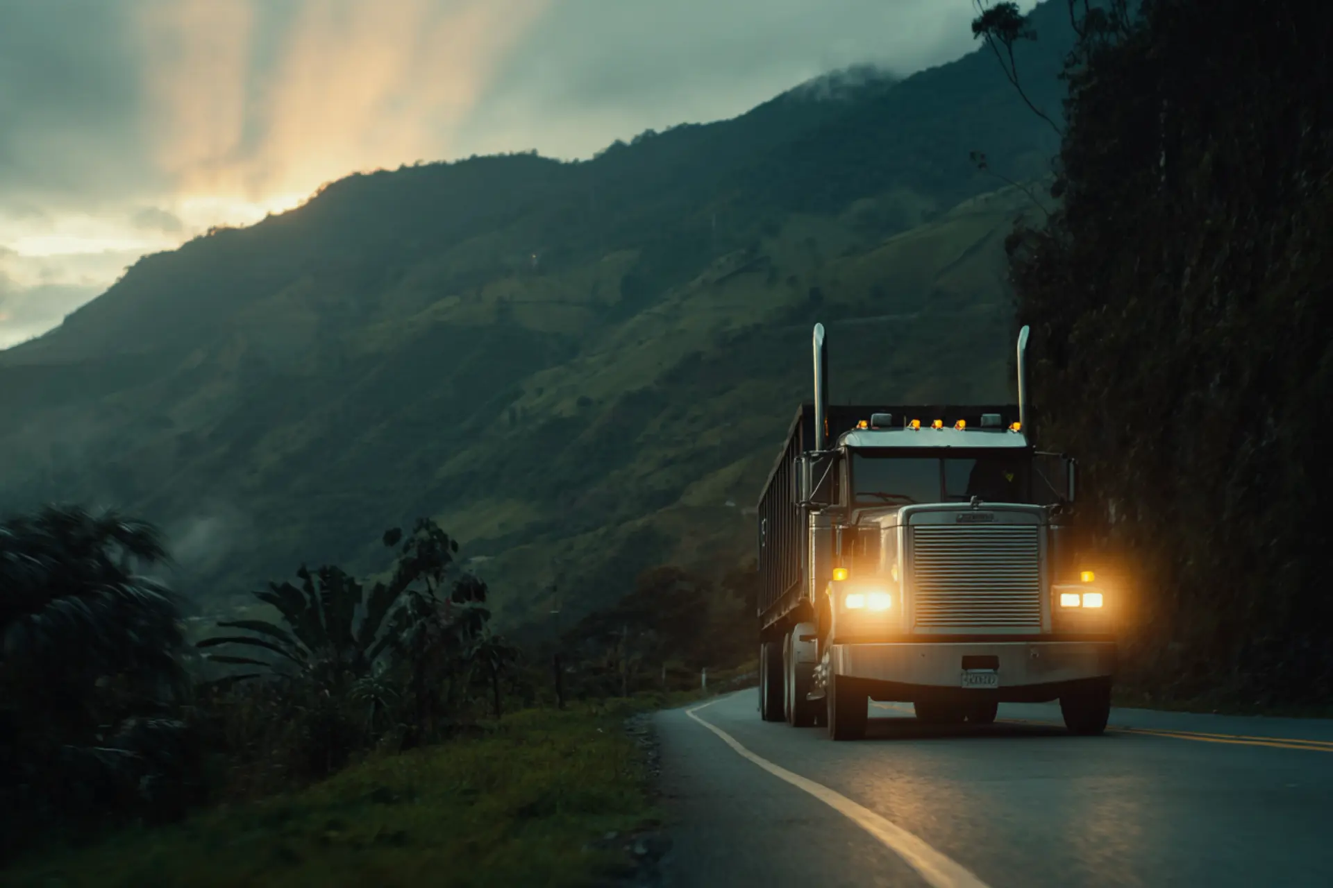 Camión de carga con luces encendidas recorriendo una carretera de montaña en Colombia